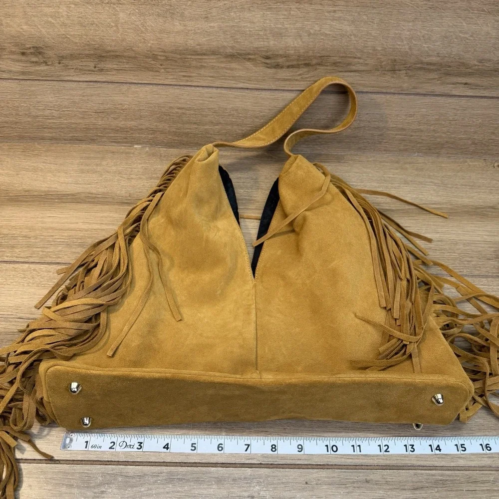 Divina Firenze Suede Fringe Hobo Bag Italian Leather Slouchy Boho Tote Tan